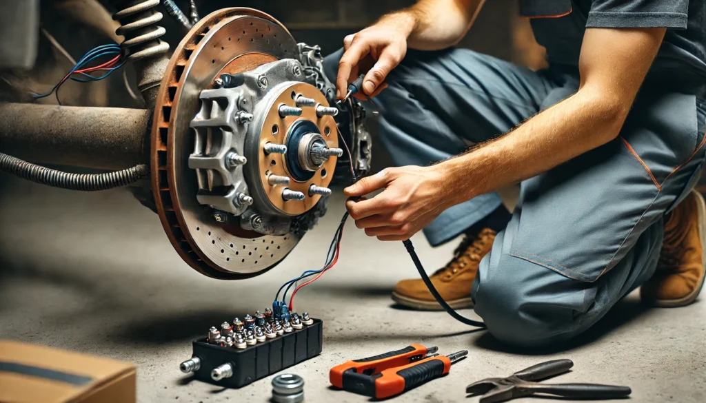 A person installing electric trailer brakes on a trailer axle, focusing on the brake assembly and wiring connections.
