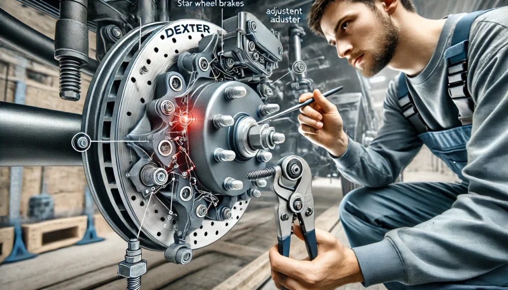 A person adjusting Dexter electric trailer brakes, focusing on the brake assembly and the star wheel adjuster.