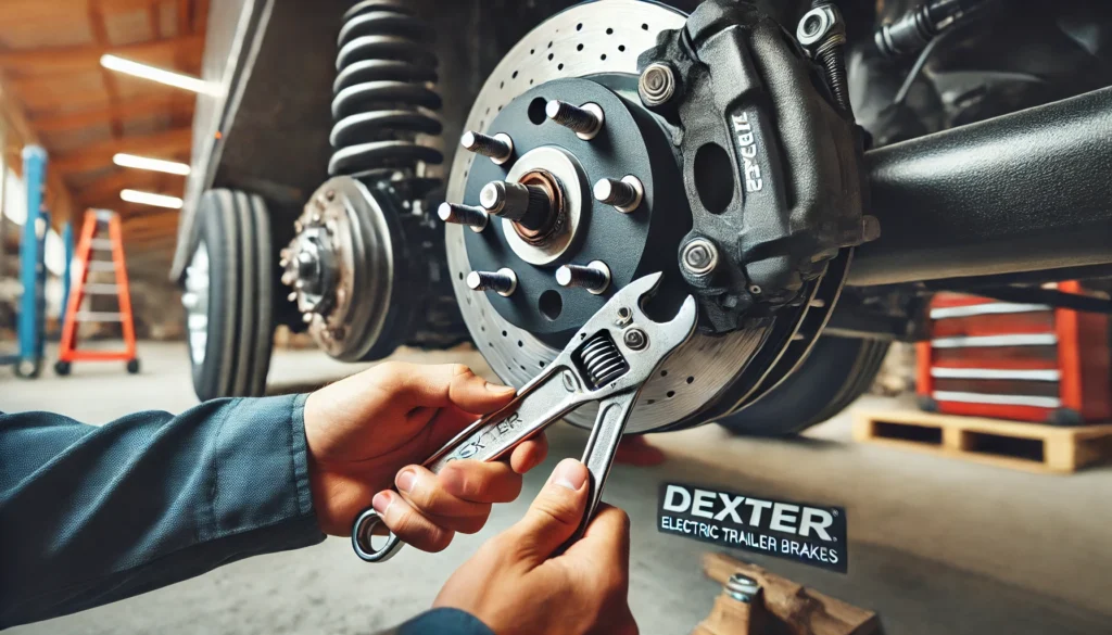 A person adjusting Dexter electric trailer brakes by turning the star wheel adjuster inside the brake assembly.