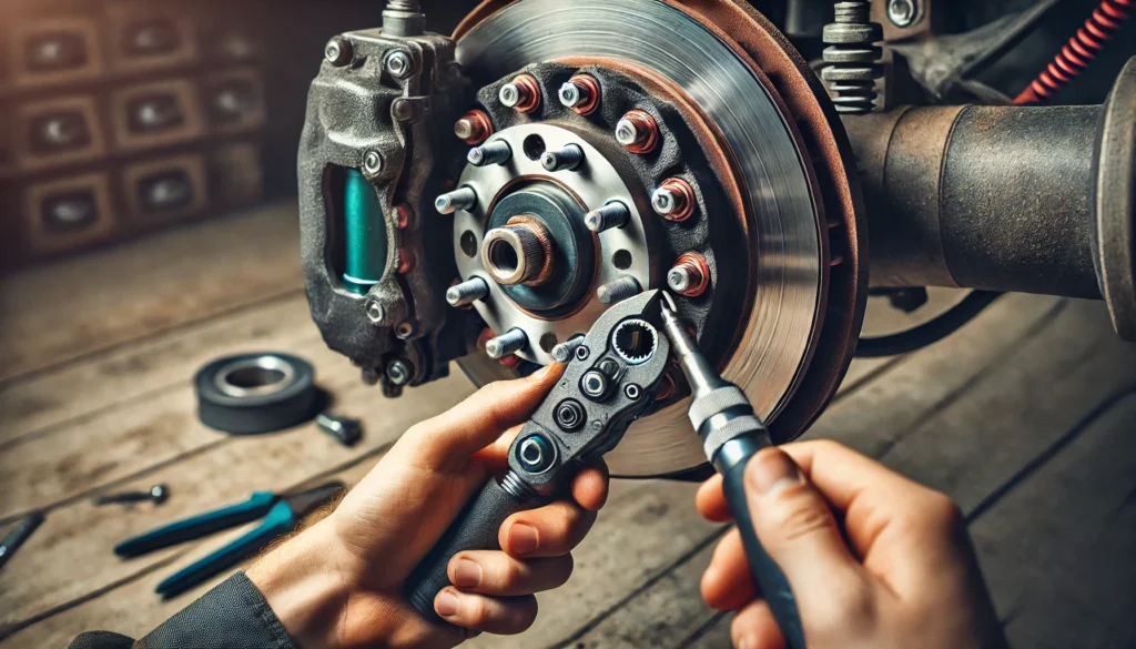 A person adjusting electric trailer brake shoes by turning the star wheel adjuster in the brake assembly.