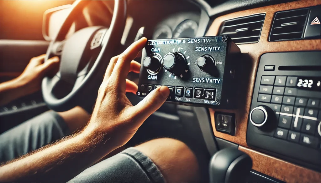 A person adjusting the settings on an electric trailer brake controller, focusing on the gain and sensitivity dials inside the towing vehicle.