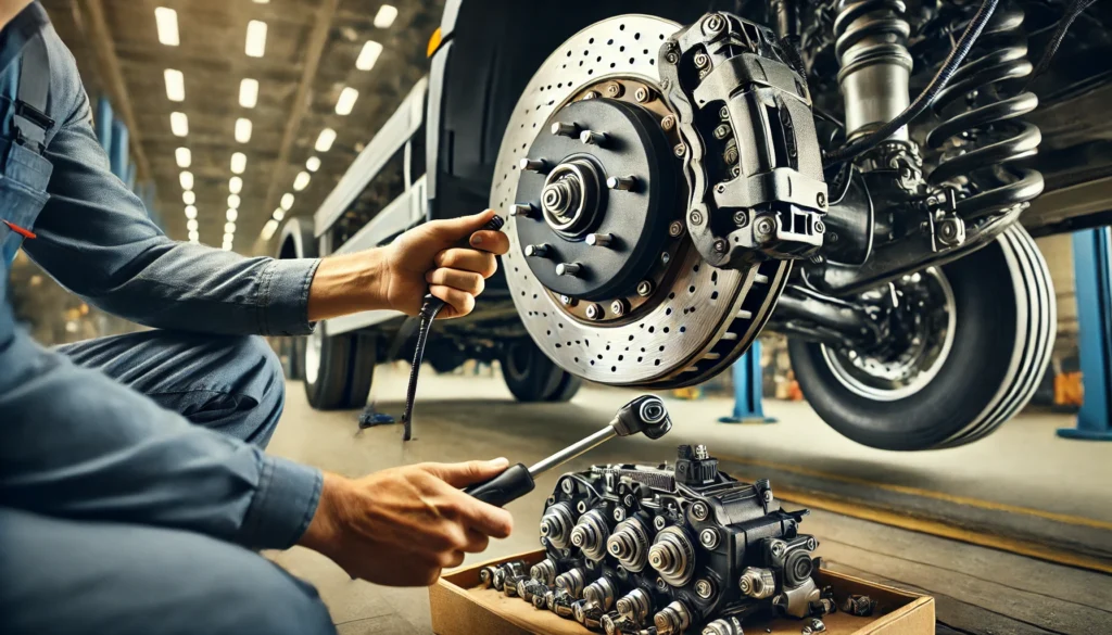 A person inspecting a self-adjusting electric trailer brake assembly with the trailer wheel removed.
