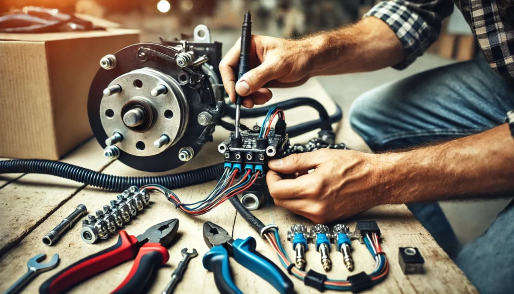 A person wiring an electric trailer brake system with visible wiring connections and tools.
