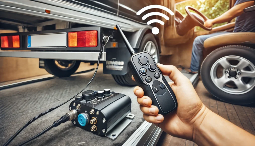 A person installing a wireless electric trailer brake system with a focus on the connection between the tow vehicle’s wireless controller and the trailer’s receiver.